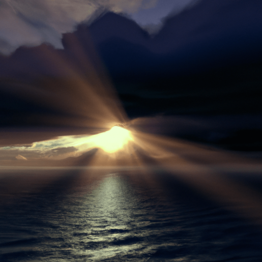 Fotorealistisches Bild in hoher Auflösung eines vorbeigezogenen Gewitters über dem Meer. Aus den dunklen Wolken am Himmel scheint die Sonne freudig hervor. Das Bild ist in einem optimistischen Stil gehalten.