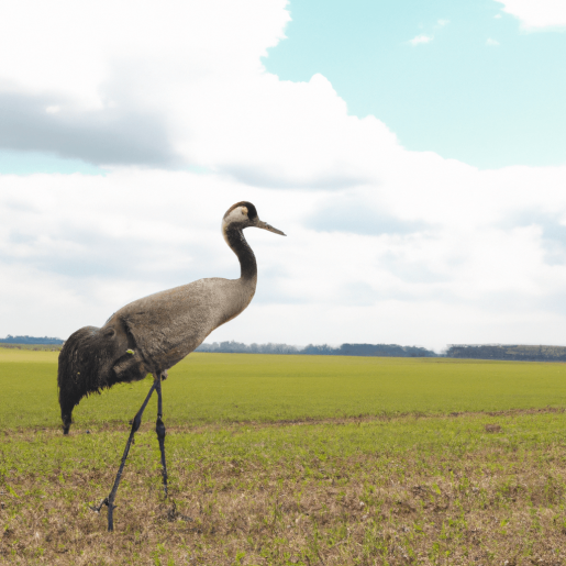 Reales Bild eines einzelnen Kranichs (Vogel) in Nahaufnahme, der auf einem Feld steht. Es ist Sommer, der Himmel ist blau mit wenigen Wolken. Der Stil ist romantisch und ruhig.